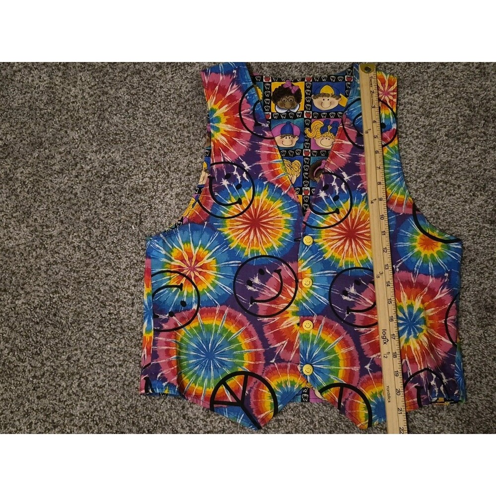VTG Handmade Vest Reversible Childrens Faces Tie Dye Smiley Faces Fire Cracker - Picture 9 of 9